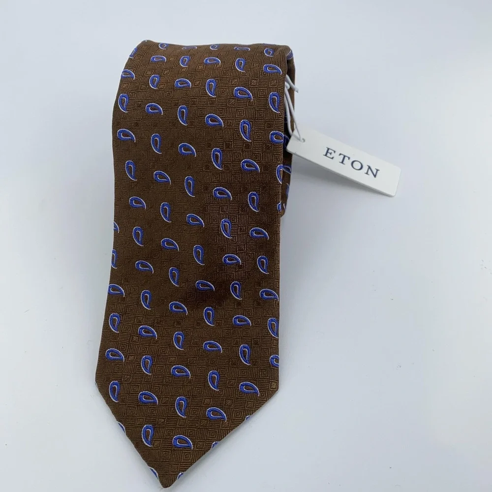 Eton Tie Mens Brown Blue Paisley 100% Silk Made In Italy Necktie Dress Business